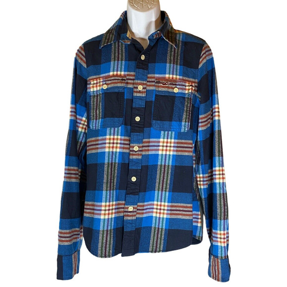 Hollister Mens L Button Up Shirt Blue Orange Plaid Flannel Front Pockets - Picture 1 of 8